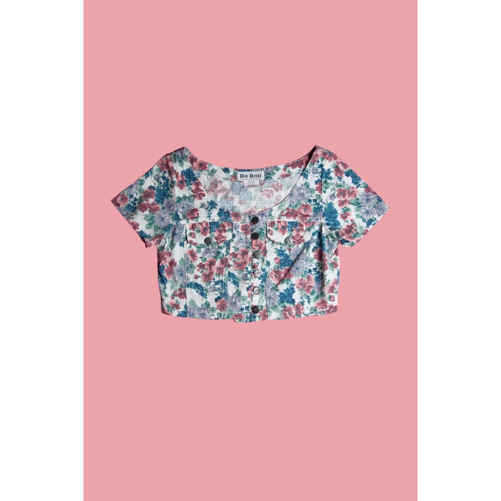 1980s-1990s BE BOP CLOTHING Floral  Button Up Cropped Short Sleeve Top. S-M